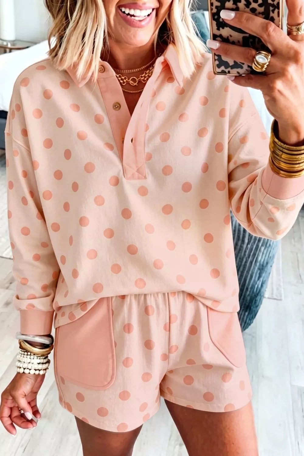 Polka Dot Drop Shoulder Polo Loose Pullover Patch Pocket Casual Shorts Set - TheMomCo.
