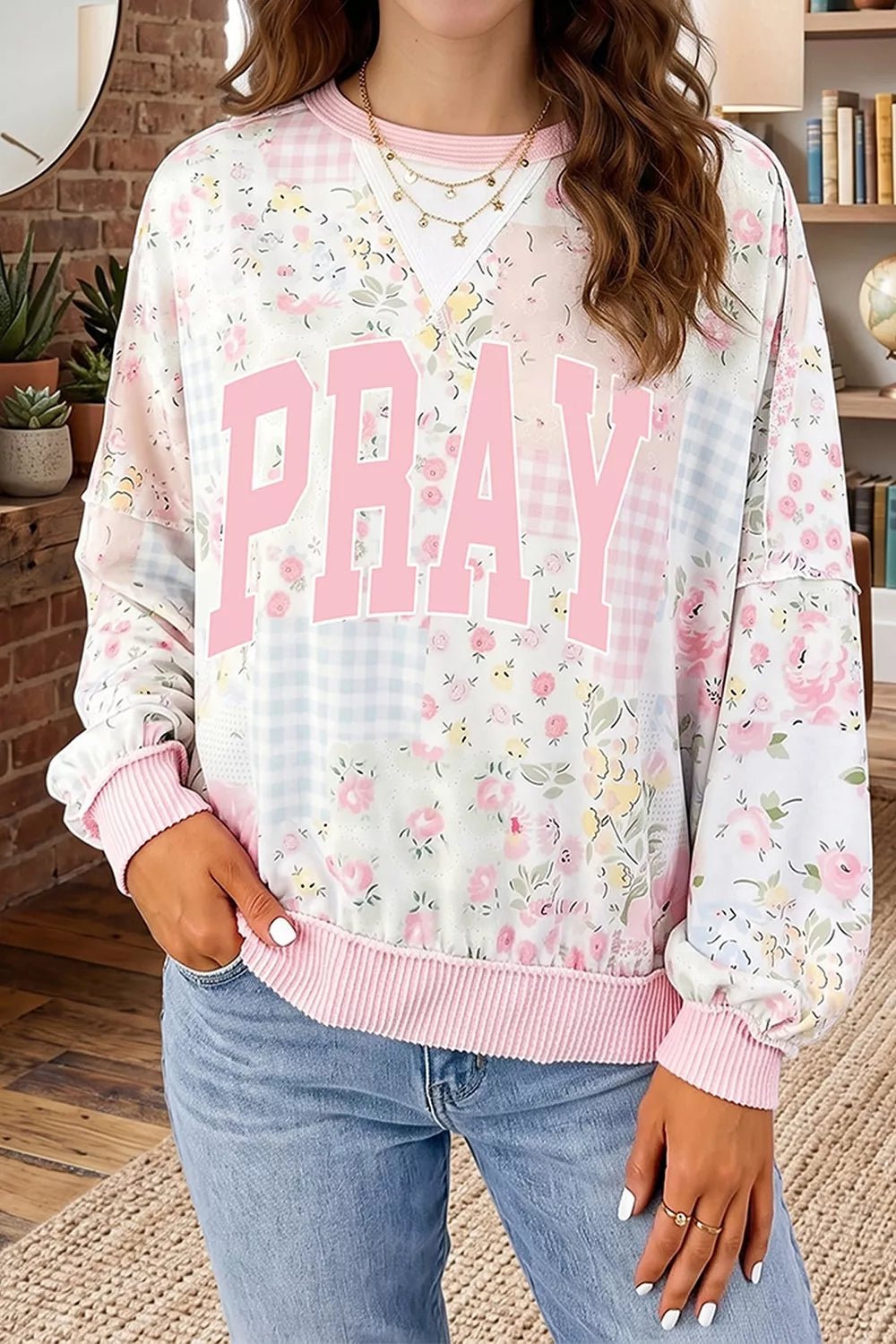 PRAY Graphic Floral Mixed Print Patchwork Top - TheMomCo.
