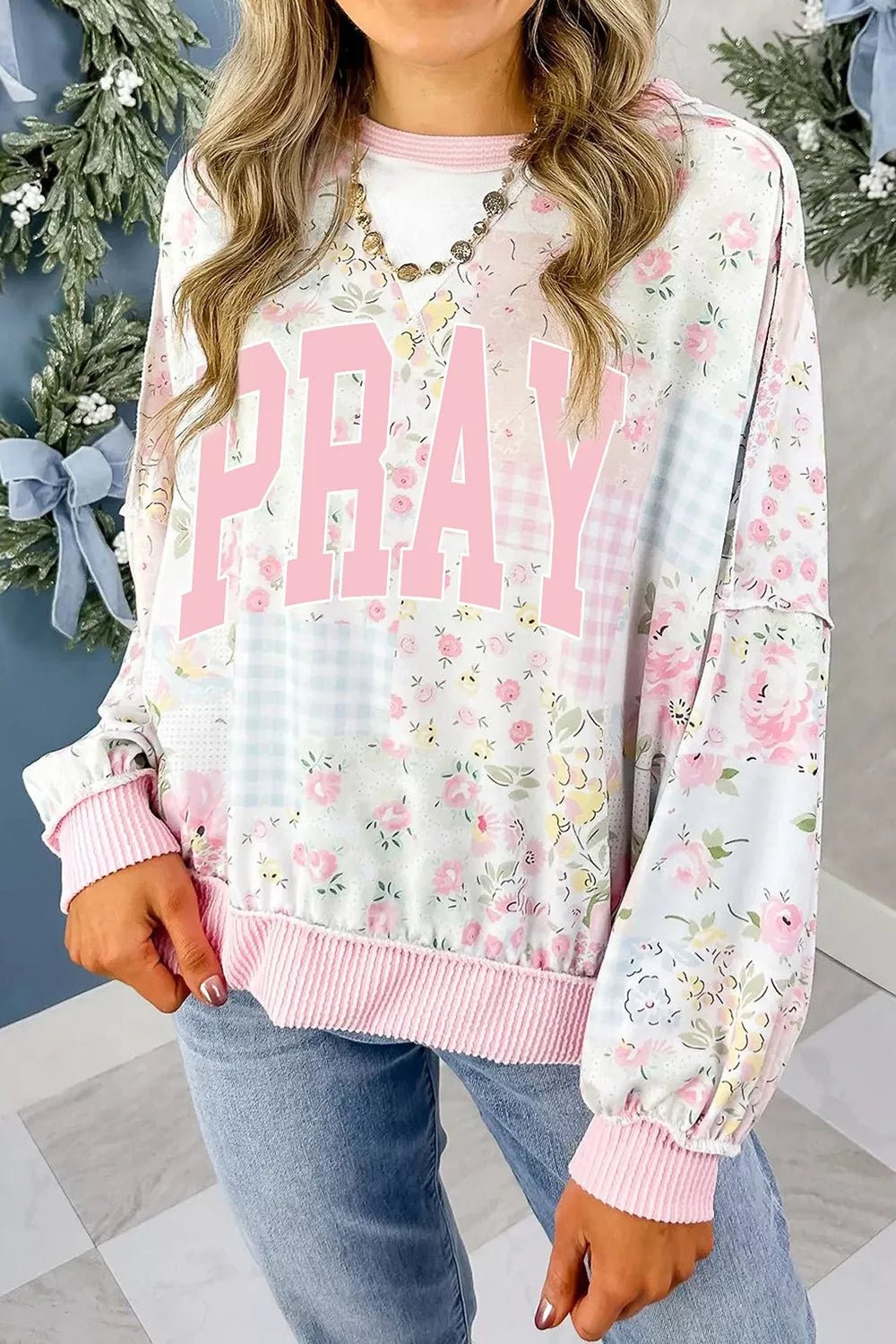 PRAY Graphic Floral Mixed Print Patchwork Top - TheMomCo.