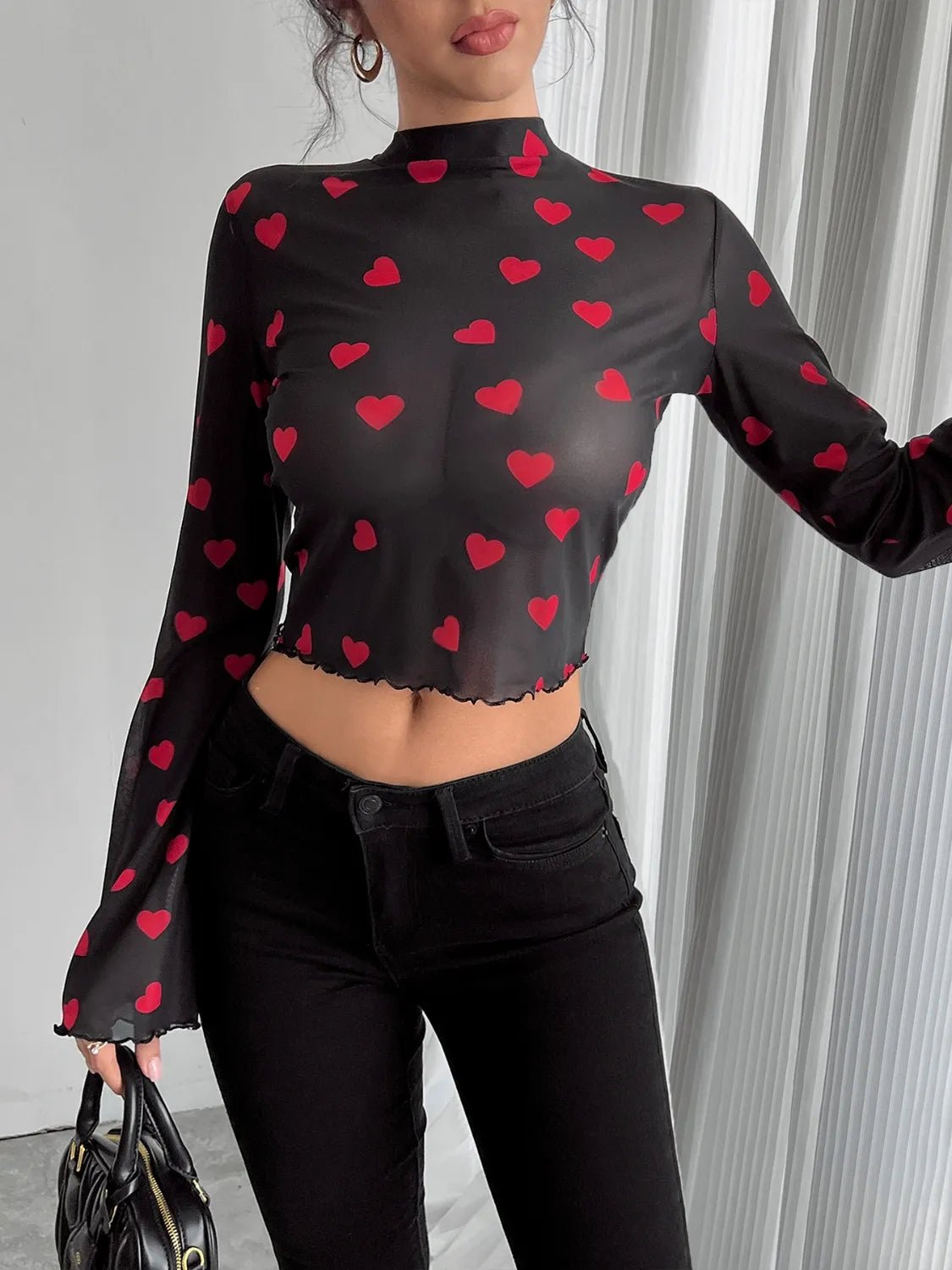 Printed Mock Neck Long Sleeve Cropped T-Shirt - TheMomCo.
