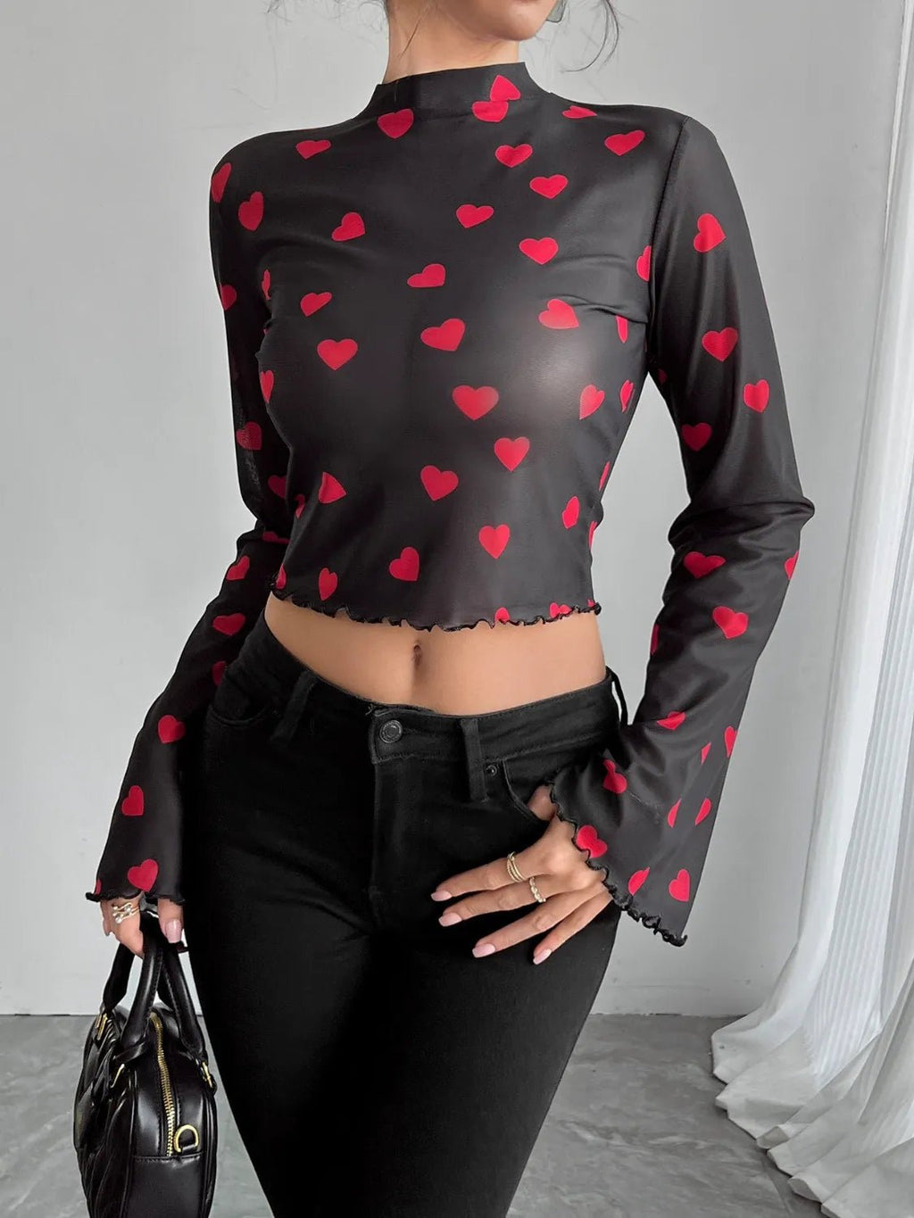 Printed Mock Neck Long Sleeve Cropped T-Shirt - TheMomCo.