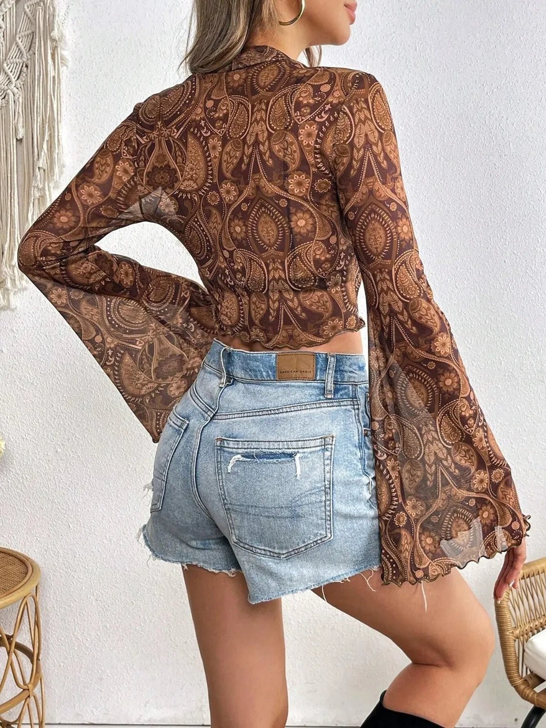 Printed Mock Neck Long Sleeve Cropped T-Shirt - TheMomCo.