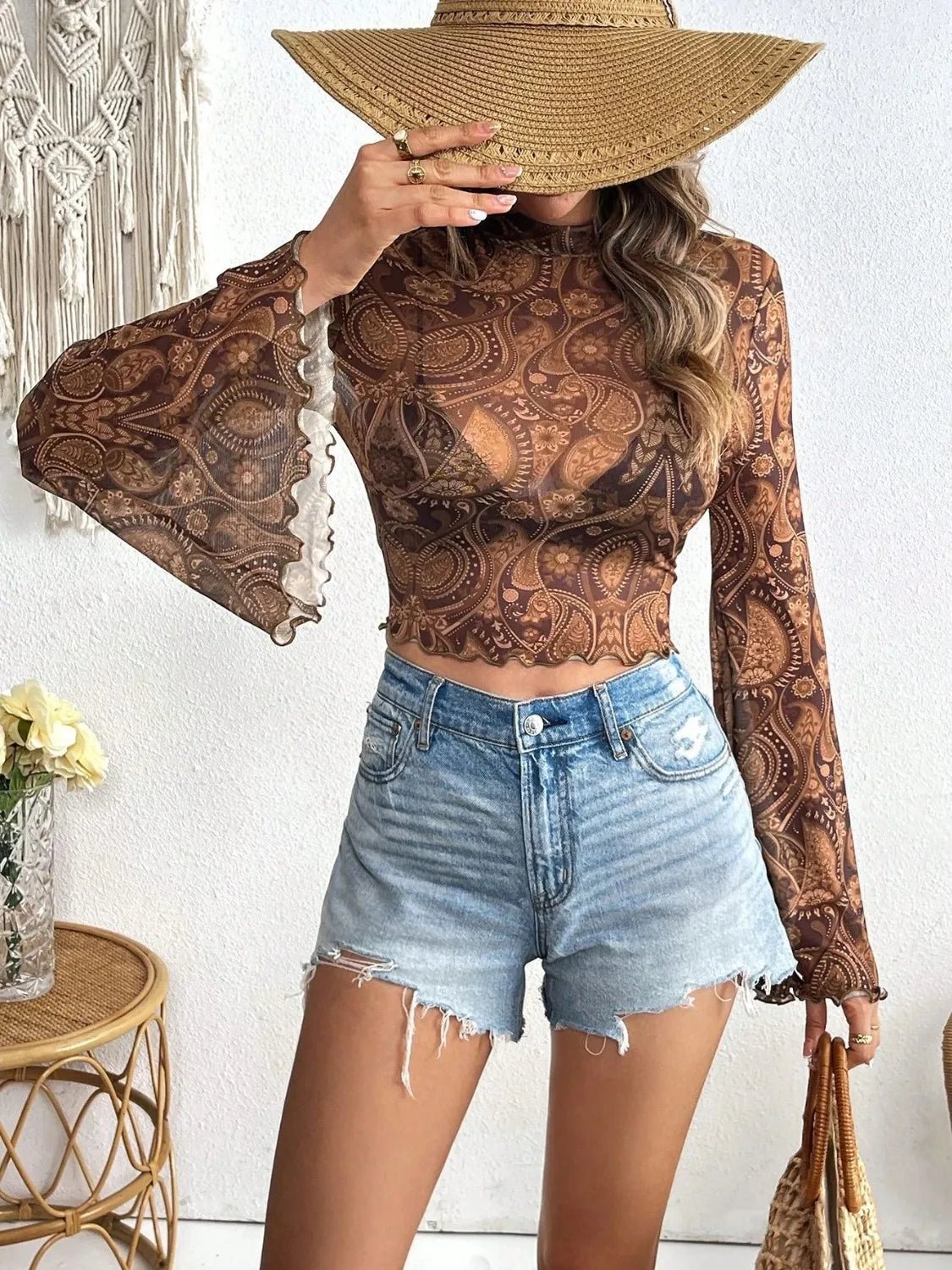 Printed Mock Neck Long Sleeve Cropped T-Shirt - TheMomCo.