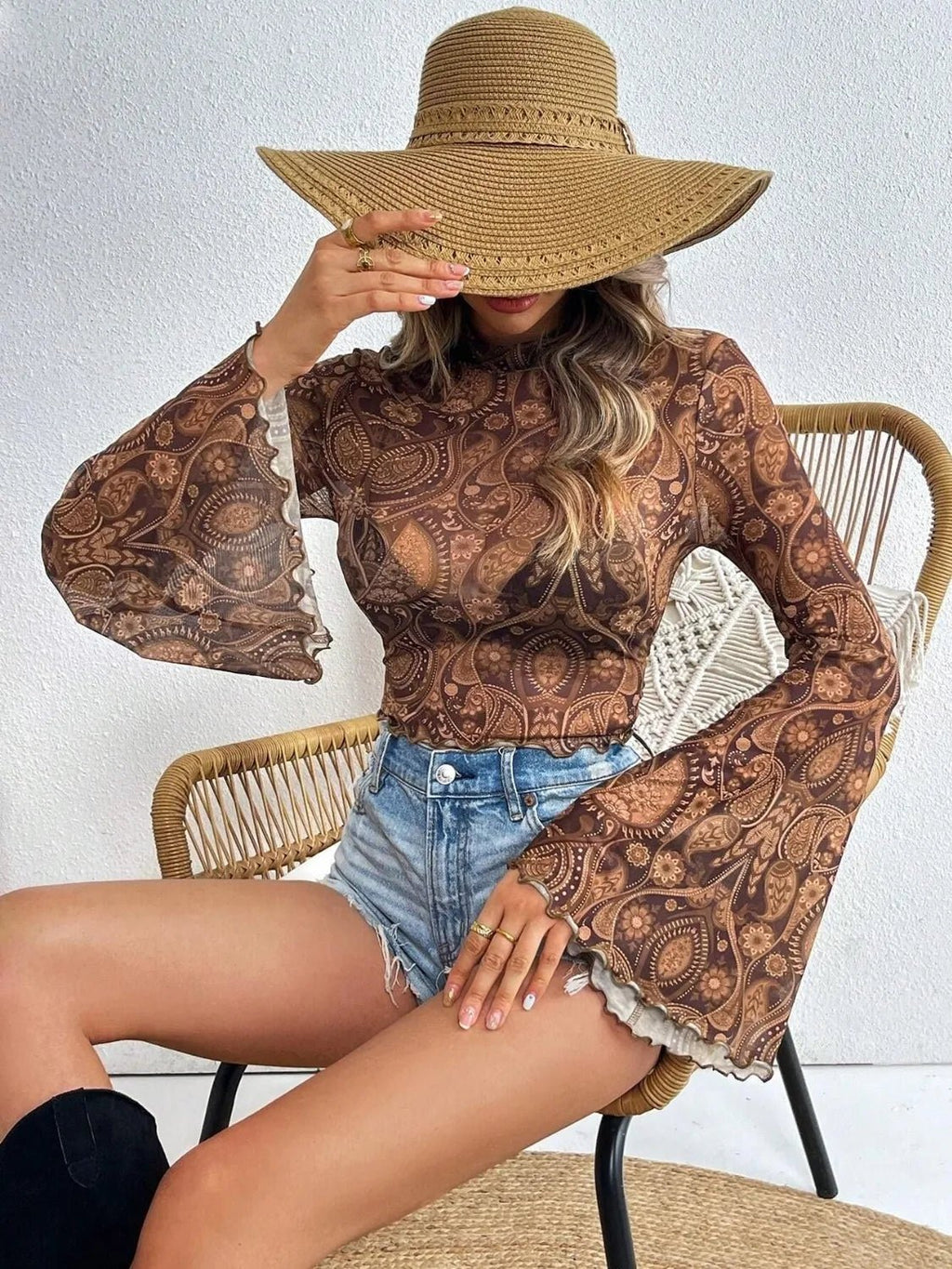 Printed Mock Neck Long Sleeve Cropped T-Shirt - TheMomCo.