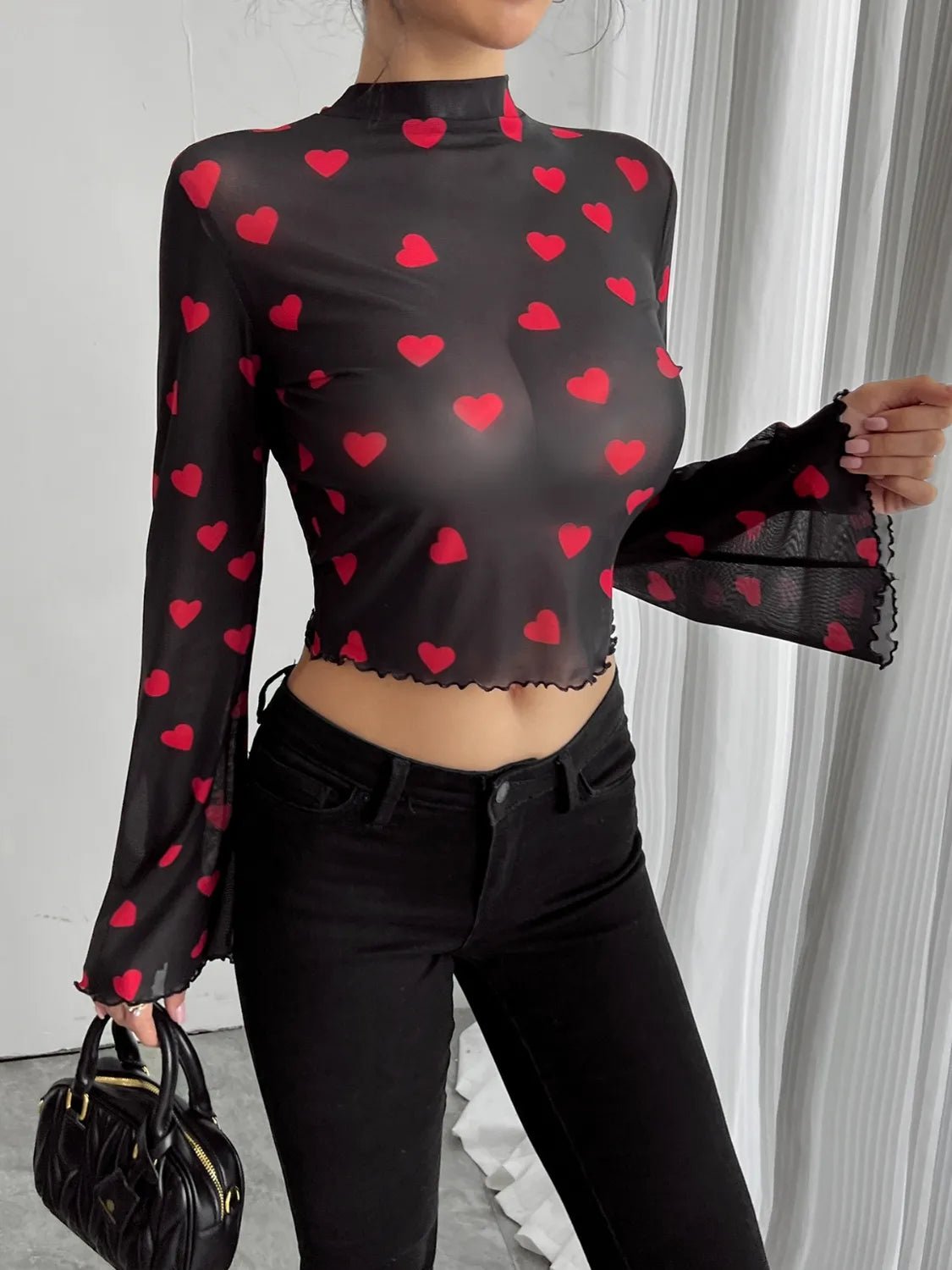 Printed Mock Neck Long Sleeve Cropped T-Shirt - TheMomCo.