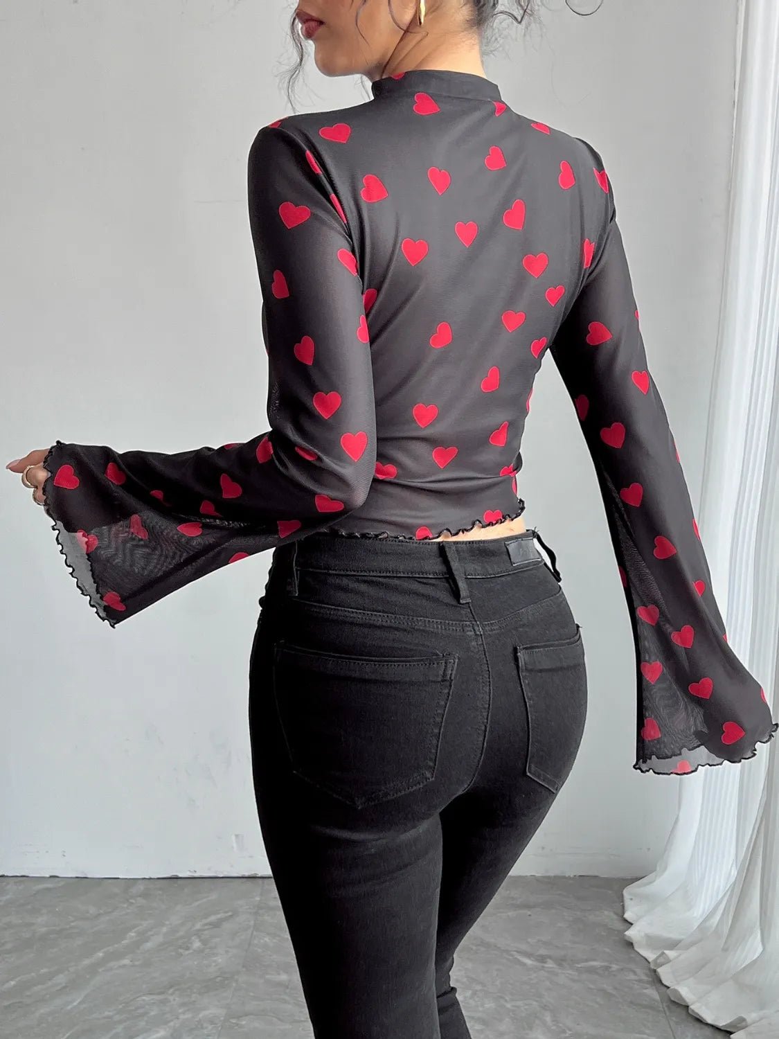 Printed Mock Neck Long Sleeve Cropped T-Shirt - TheMomCo.