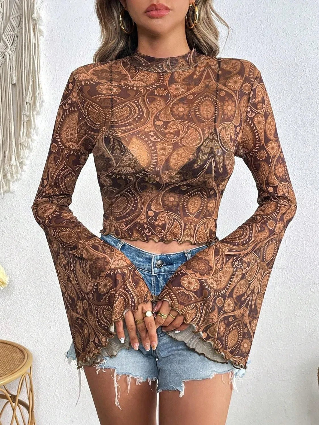Printed Mock Neck Long Sleeve Cropped T-Shirt - TheMomCo.