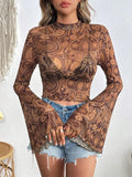 Printed Mock Neck Long Sleeve Cropped T-Shirt - TheMomCo.