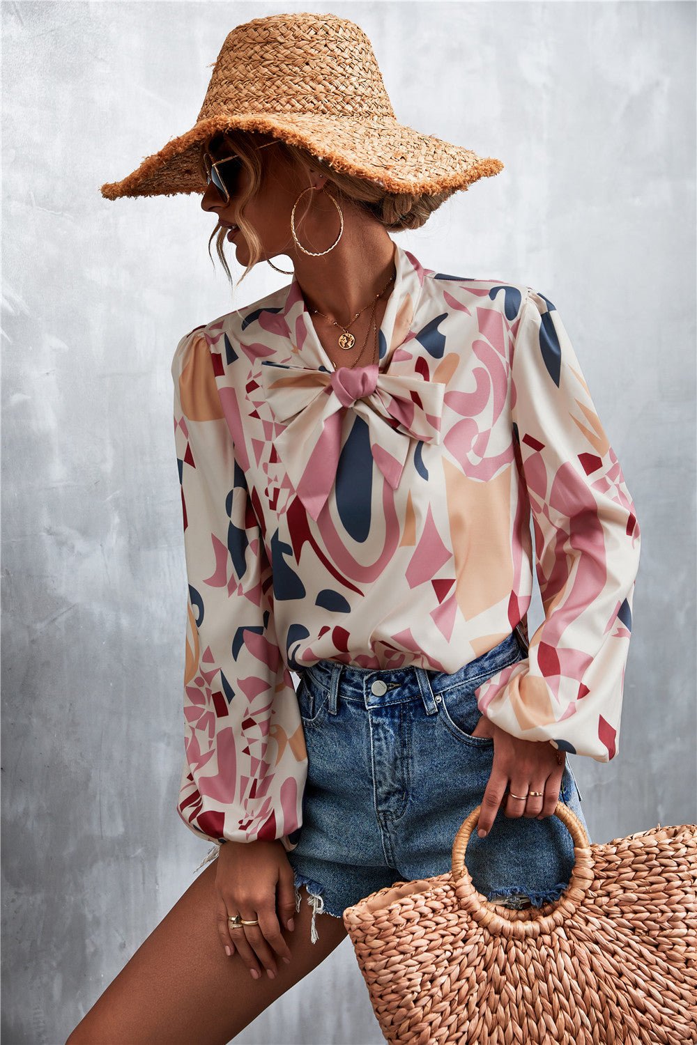 Printed Tie Neck Puff Sleeve Blouse - TheMomCo.