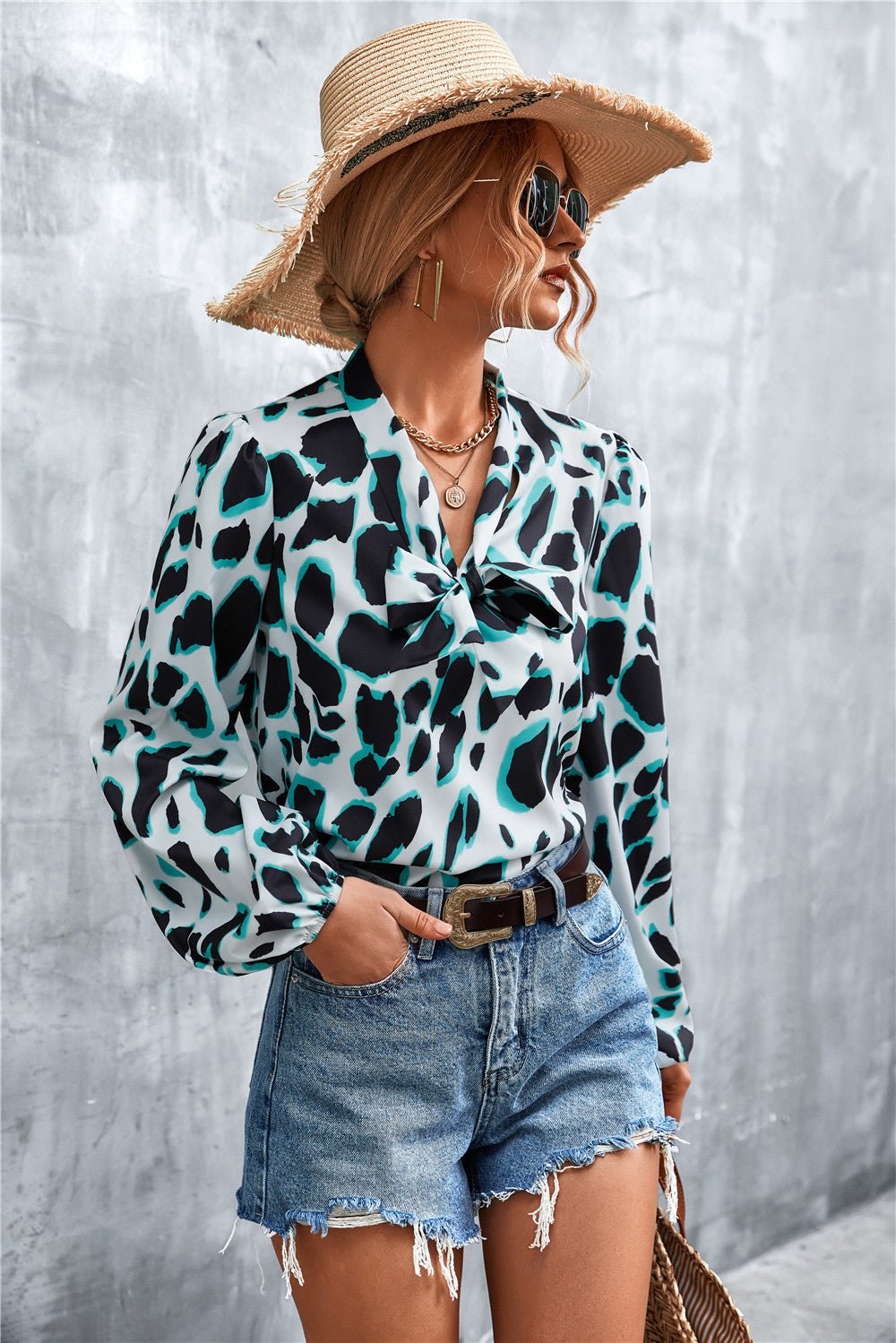 Printed Tie Neck Puff Sleeve Blouse - TheMomCo.