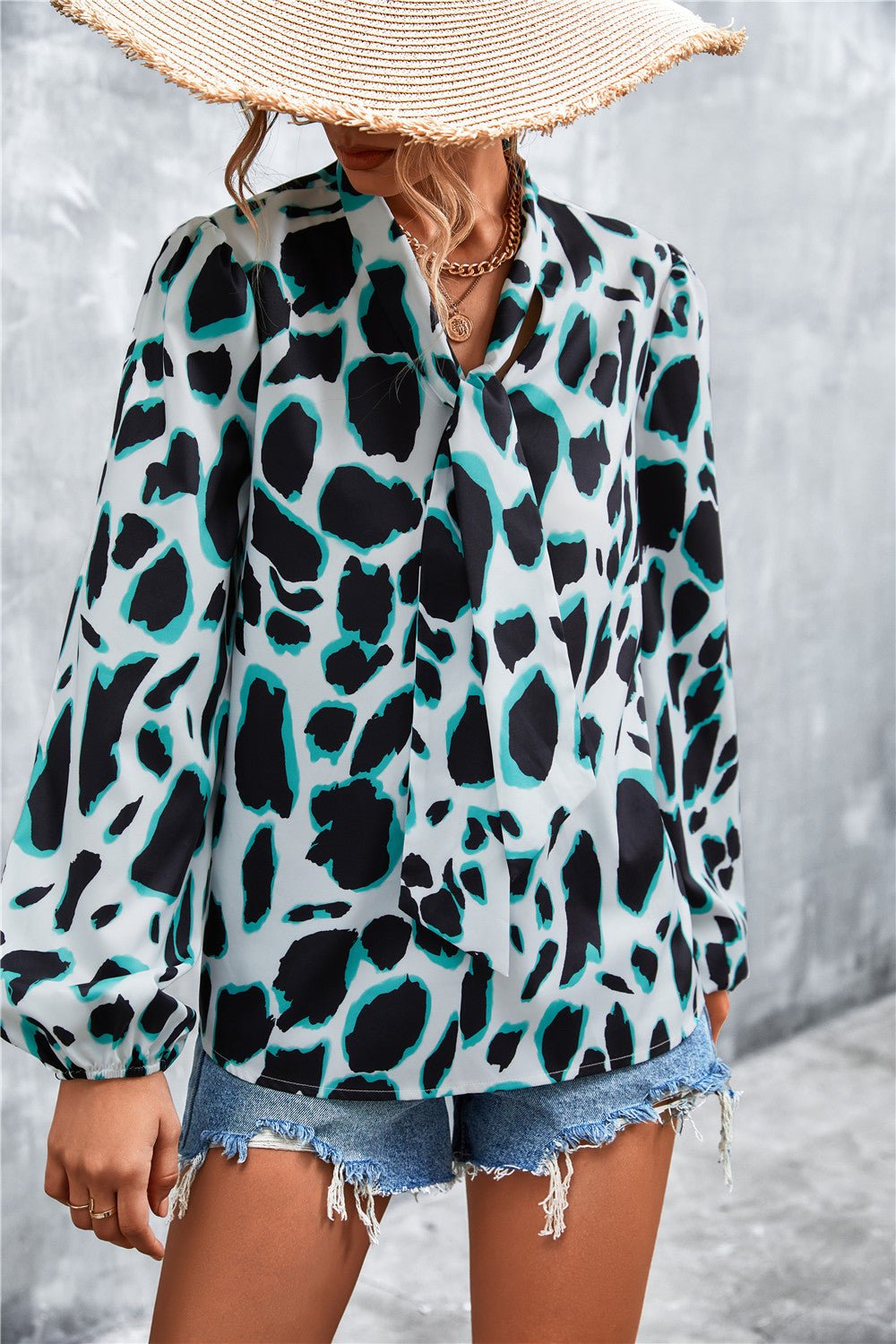 Printed Tie Neck Puff Sleeve Blouse - TheMomCo.