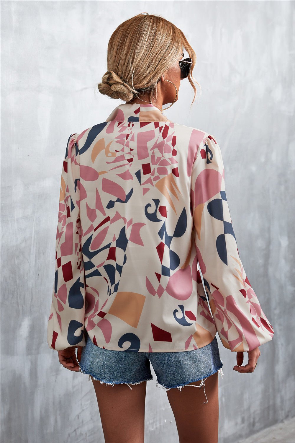 Printed Tie Neck Puff Sleeve Blouse - TheMomCo.