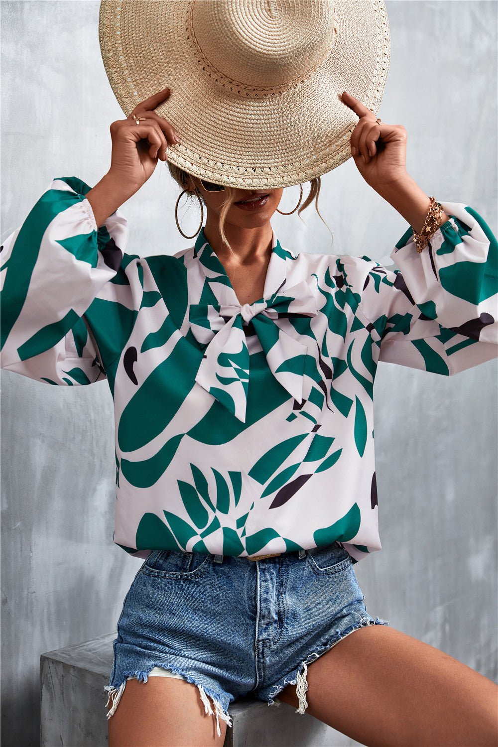 Printed Tie Neck Puff Sleeve Blouse - TheMomCo.