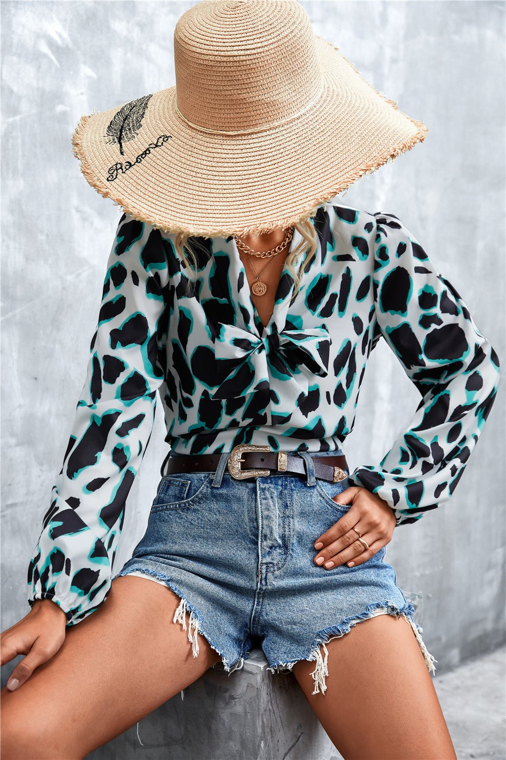 Printed Tie Neck Puff Sleeve Blouse - TheMomCo.