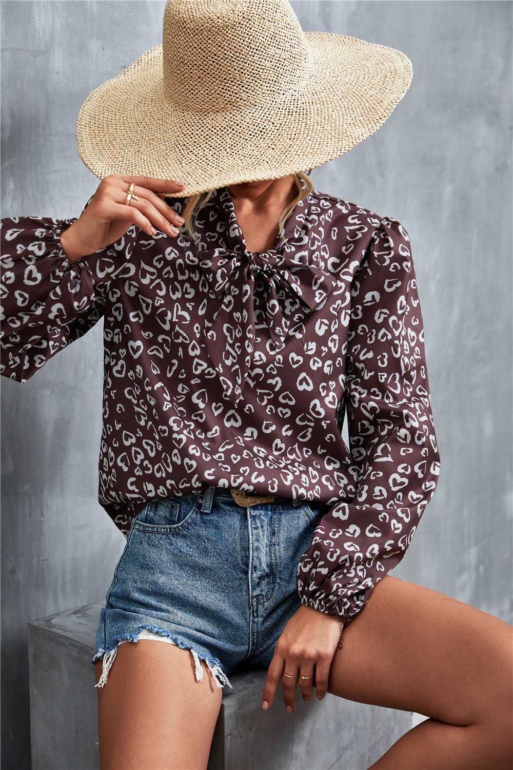 Printed Tie Neck Puff Sleeve Blouse - TheMomCo.