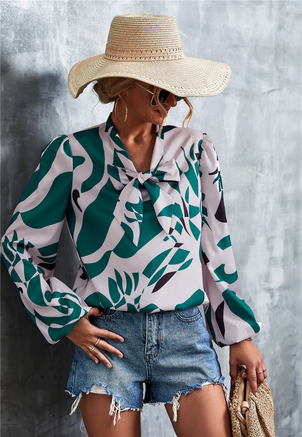 Printed Tie Neck Puff Sleeve Blouse - TheMomCo.