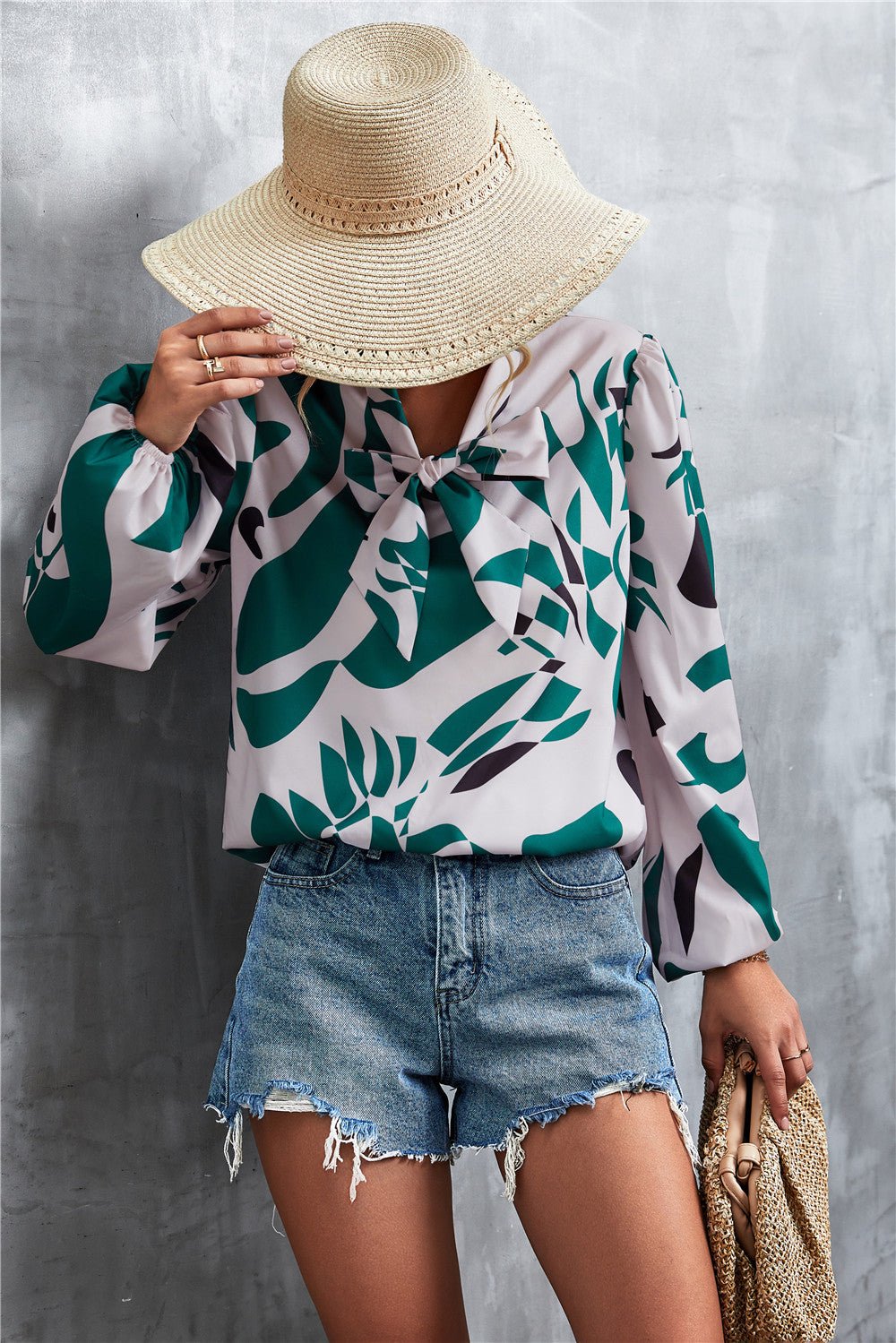 Printed Tie Neck Puff Sleeve Blouse - TheMomCo.