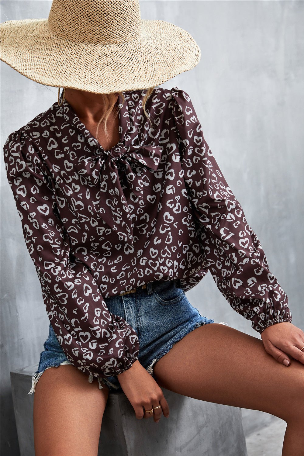 Printed Tie Neck Puff Sleeve Blouse - TheMomCo.
