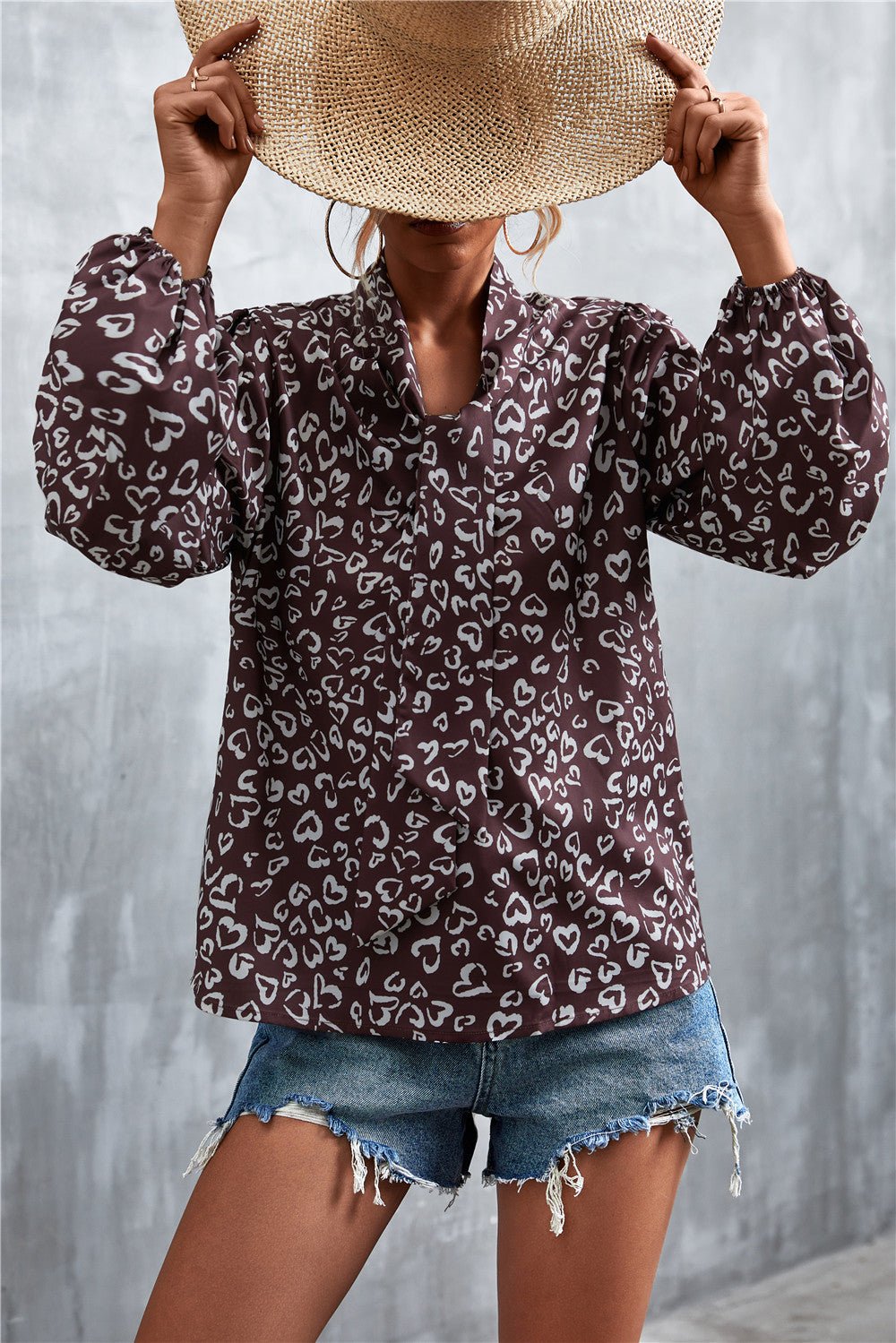 Printed Tie Neck Puff Sleeve Blouse - TheMomCo.