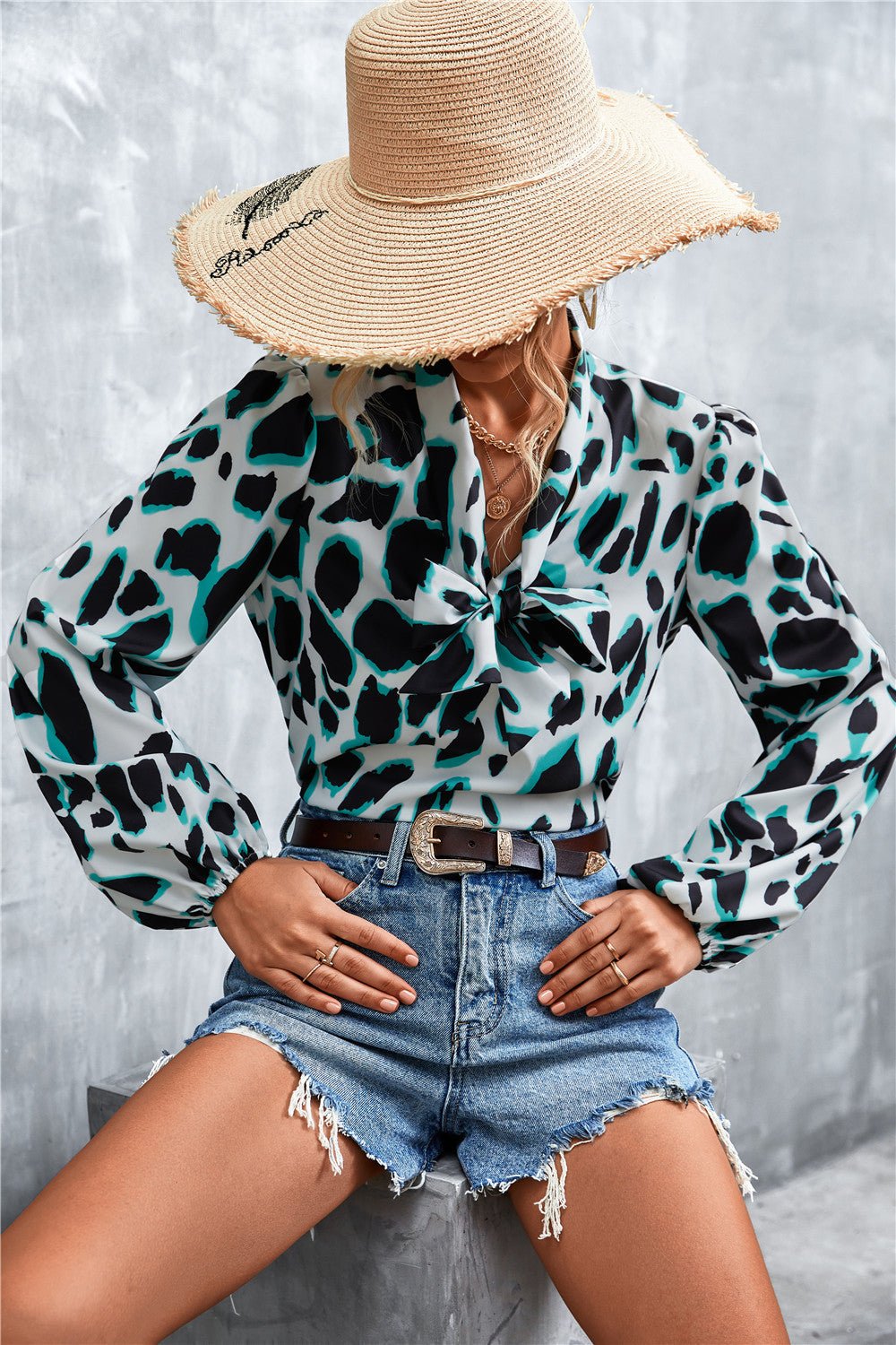 Printed Tie Neck Puff Sleeve Blouse - TheMomCo.