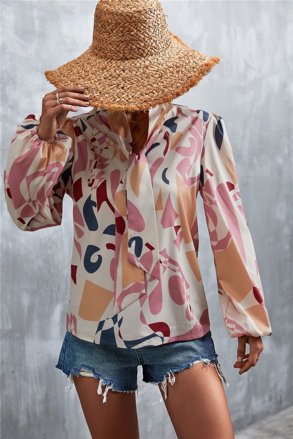 Printed Tie Neck Puff Sleeve Blouse - TheMomCo.