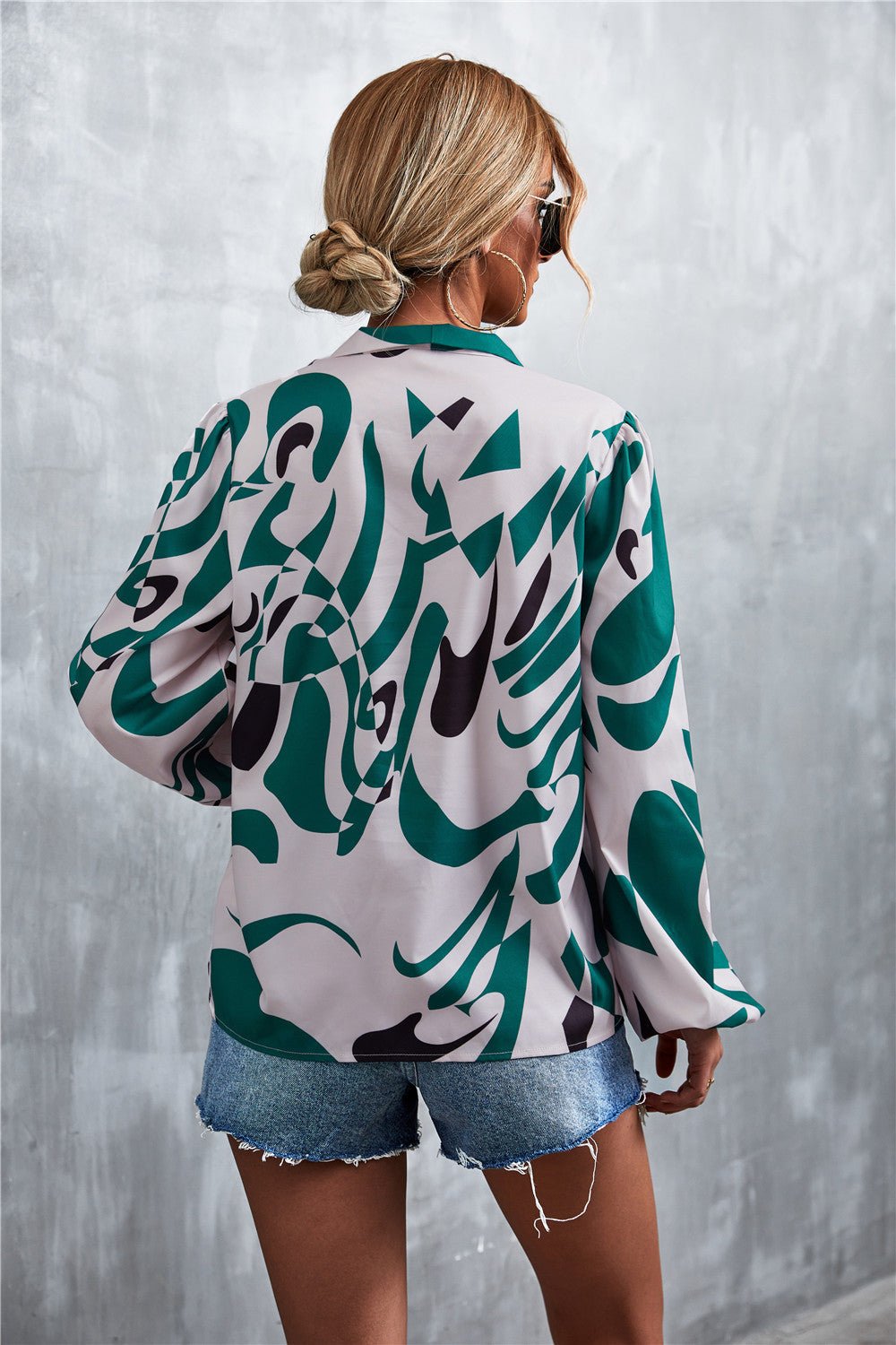 Printed Tie Neck Puff Sleeve Blouse - TheMomCo.