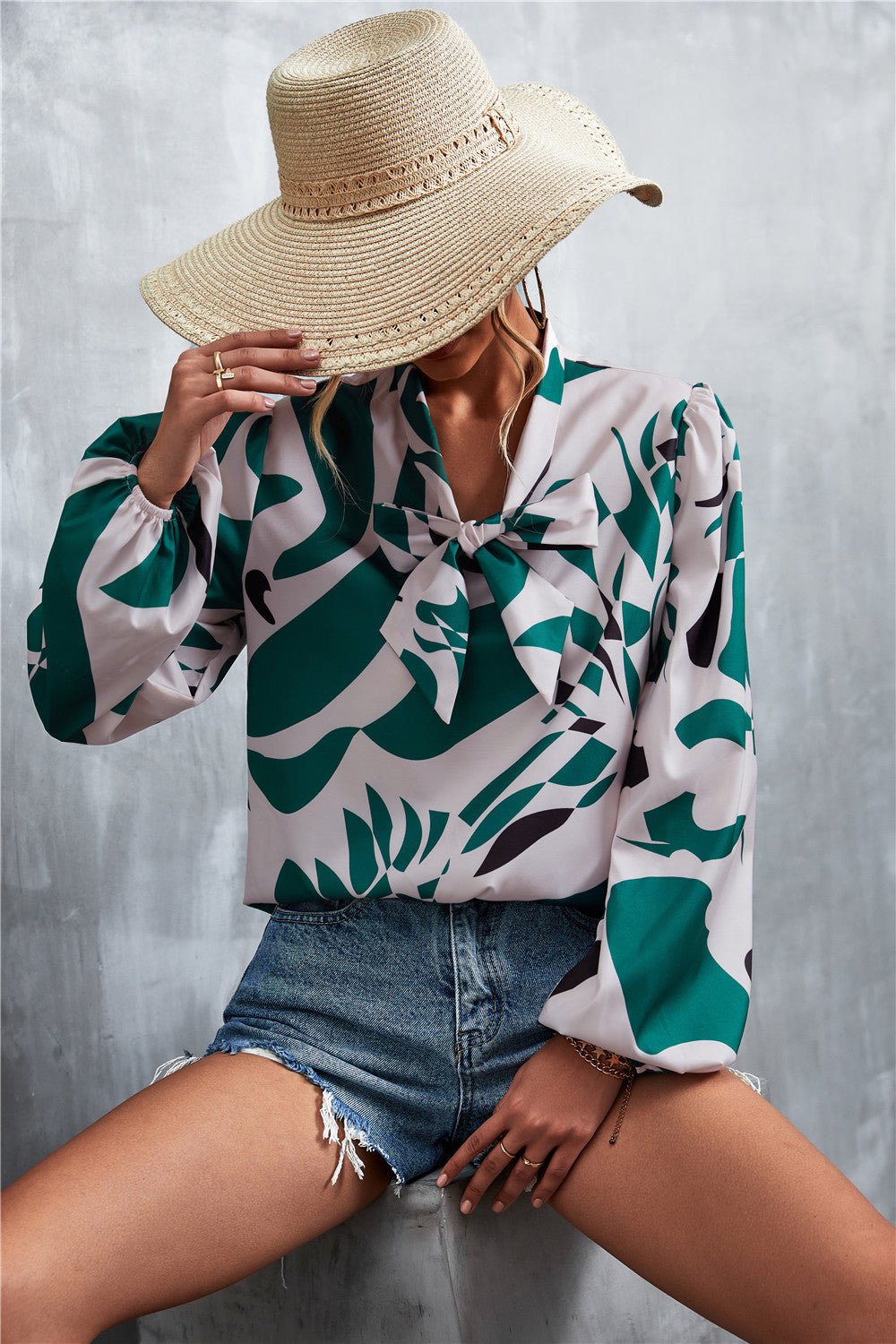 Printed Tie Neck Puff Sleeve Blouse - TheMomCo.