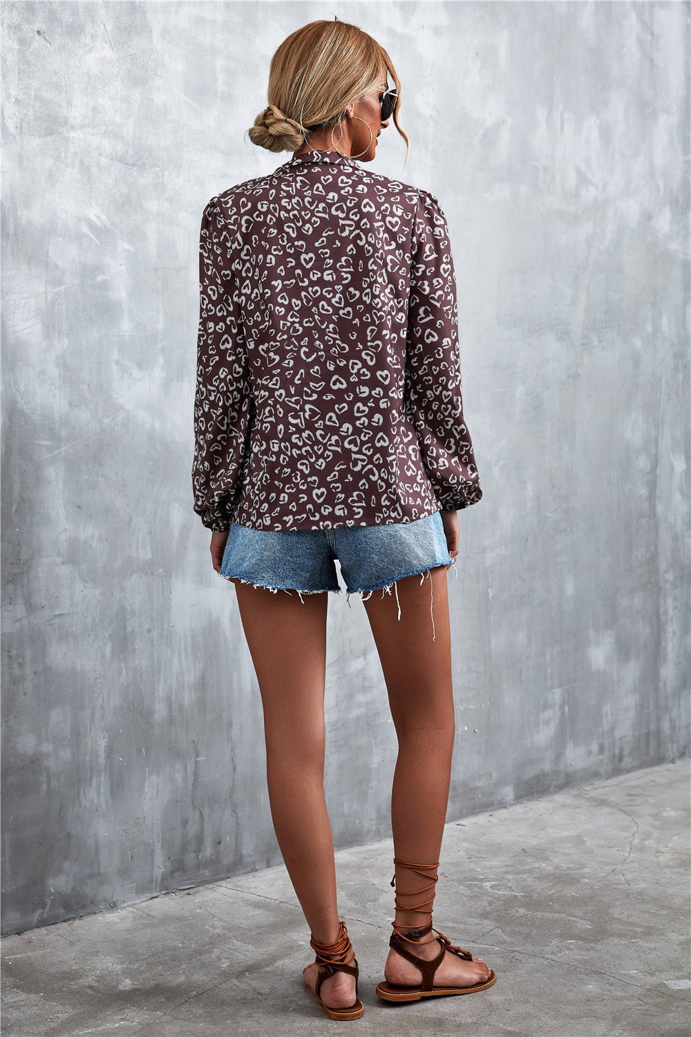 Printed Tie Neck Puff Sleeve Blouse - TheMomCo.