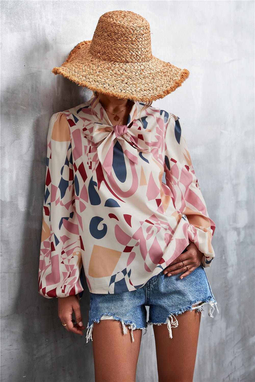 Printed Tie Neck Puff Sleeve Blouse - TheMomCo.