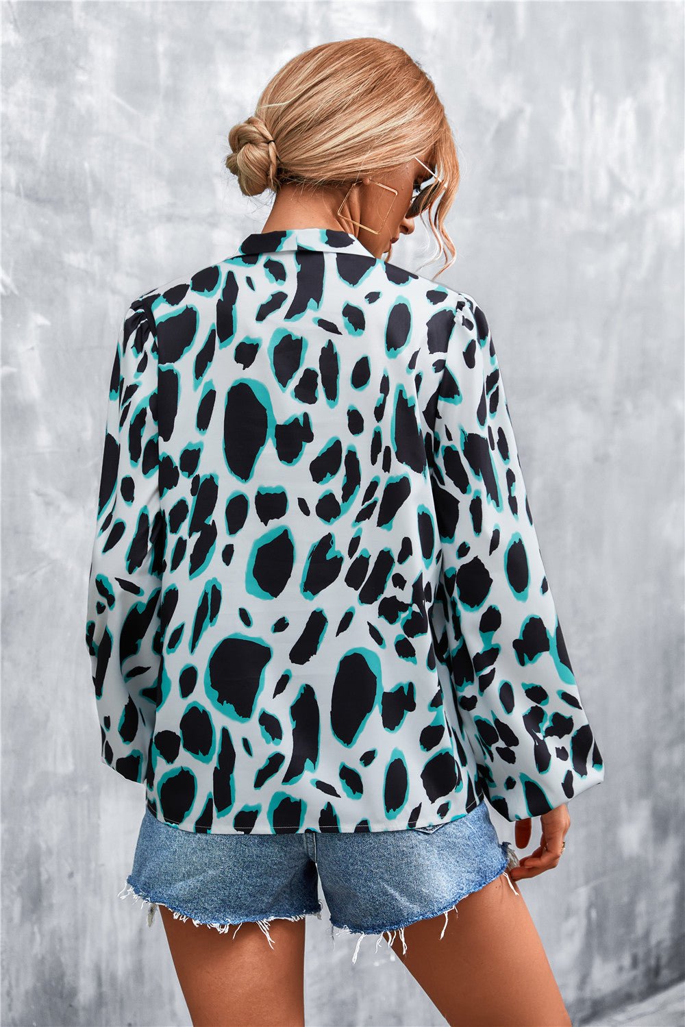 Printed Tie Neck Puff Sleeve Blouse - TheMomCo.