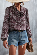 Printed Tie Neck Puff Sleeve Blouse - TheMomCo.