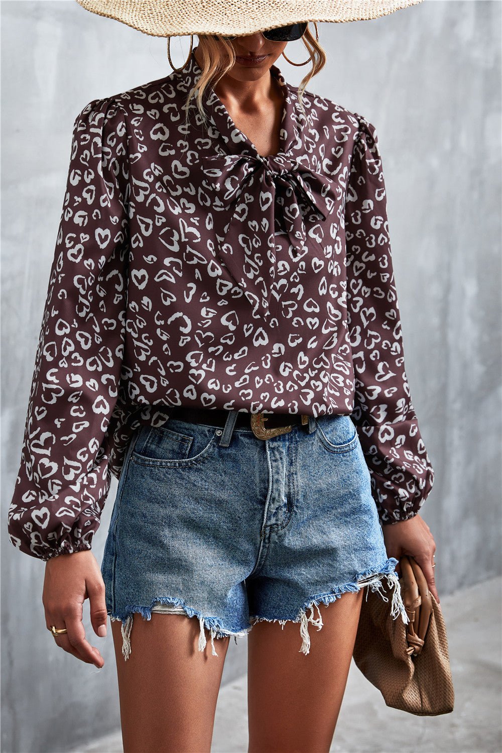 Printed Tie Neck Puff Sleeve Blouse - TheMomCo.