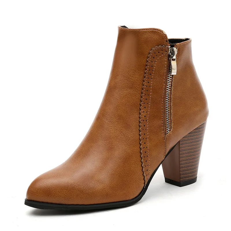 PU Leather Block Heel Boots - TheMomCo.