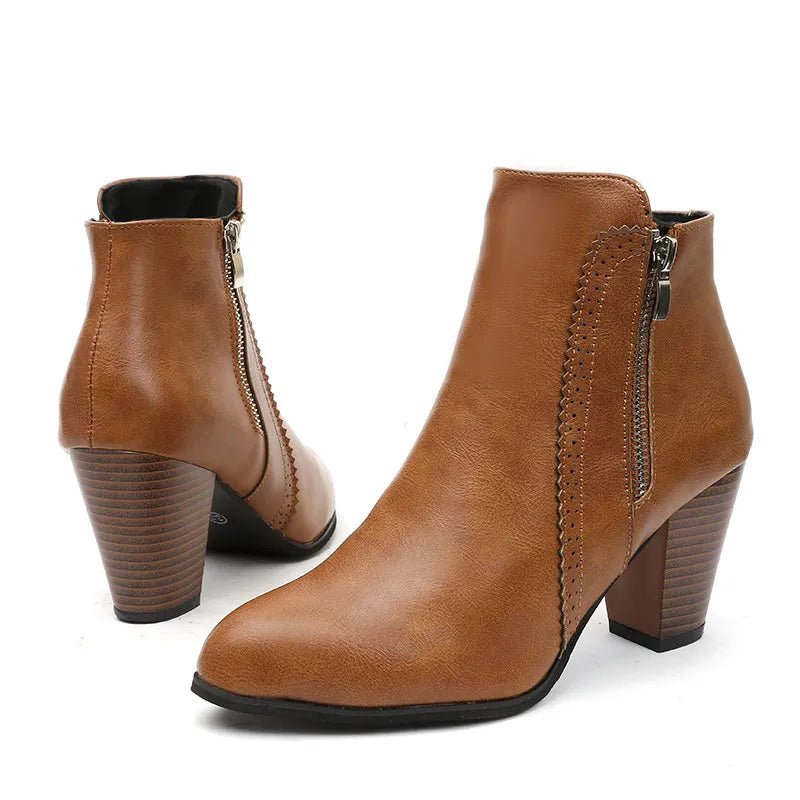PU Leather Block Heel Boots - TheMomCo.