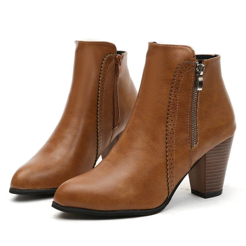PU Leather Block Heel Boots - TheMomCo.