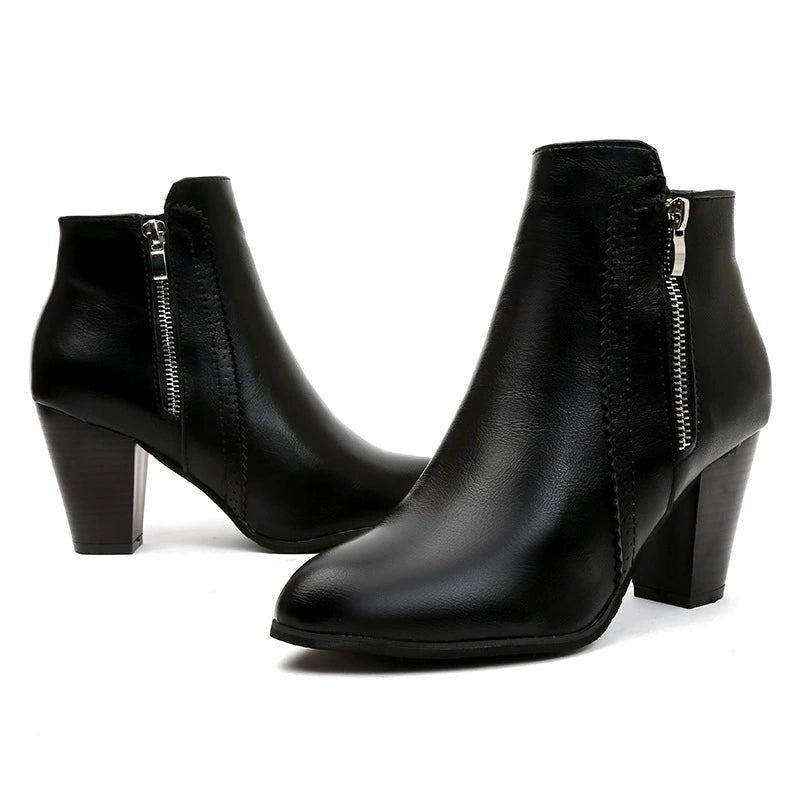 PU Leather Block Heel Boots - TheMomCo.