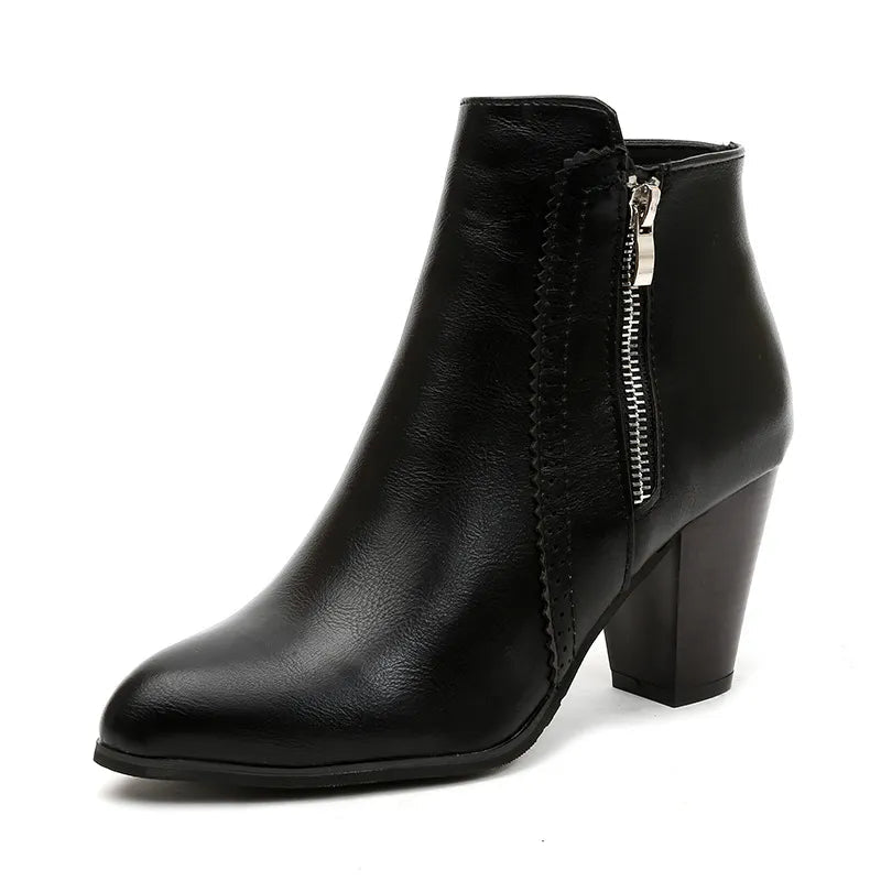 PU Leather Block Heel Boots - TheMomCo.