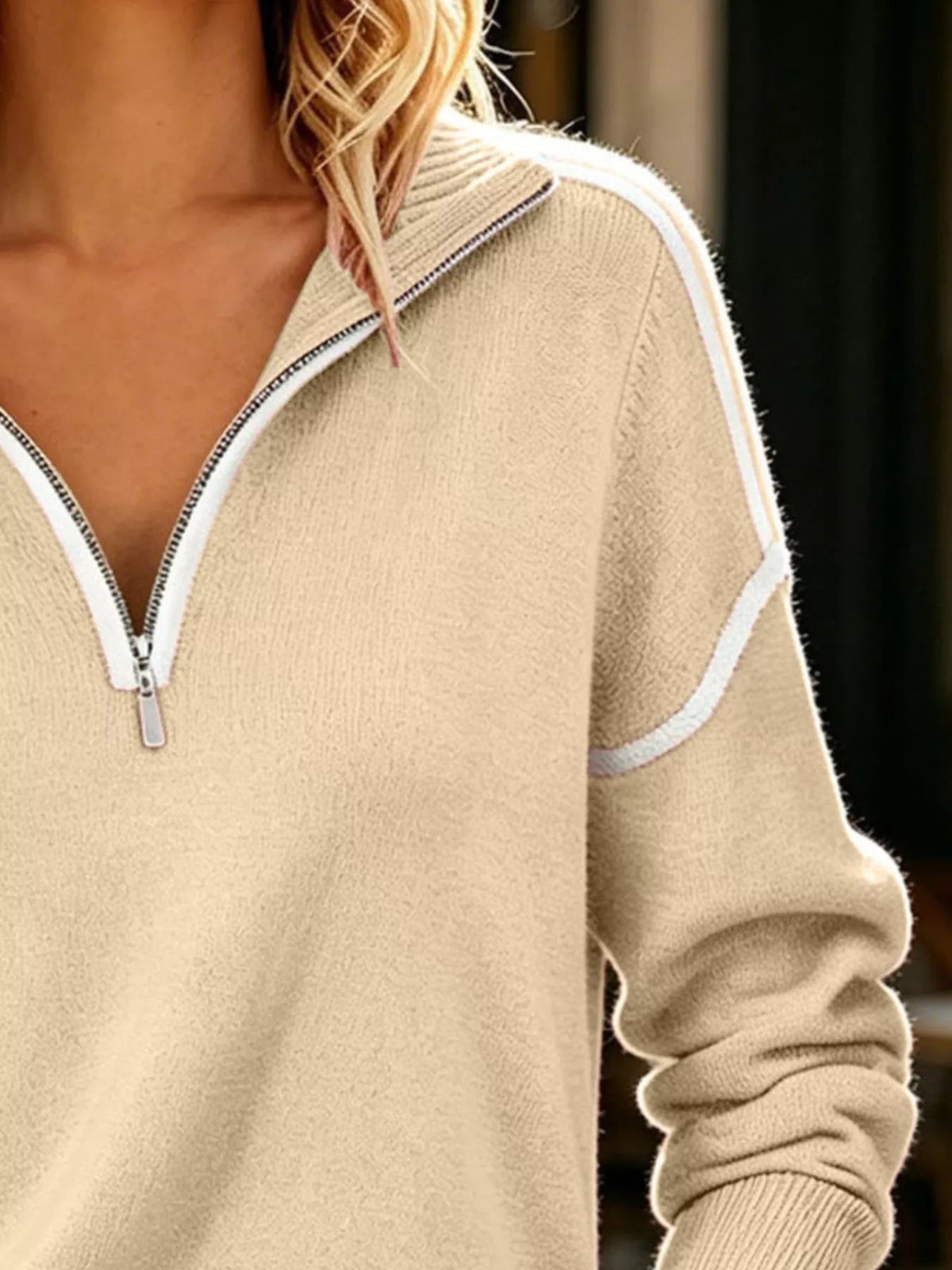 Quarter-Zip Dropped Shoulder Sweater - TheMomCo.