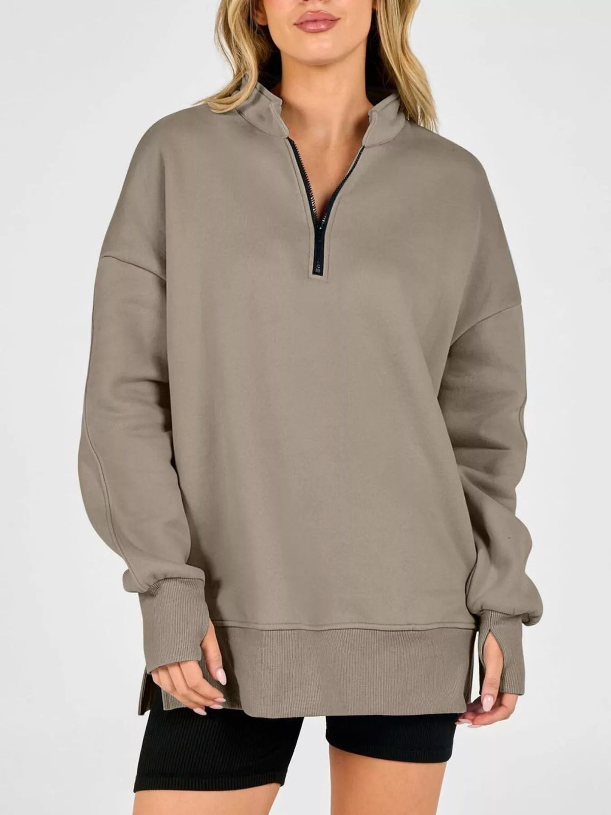 Quarter-Zip Dropped Shoulder Sweatshirt - TheMomCo.