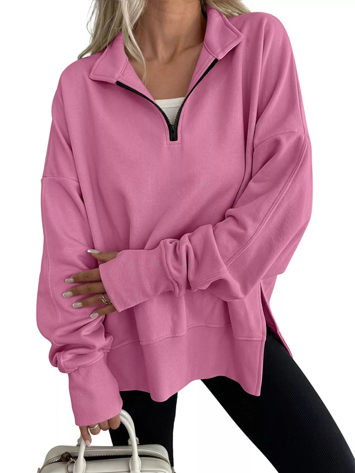 Quarter-Zip Dropped Shoulder Sweatshirt - TheMomCo.