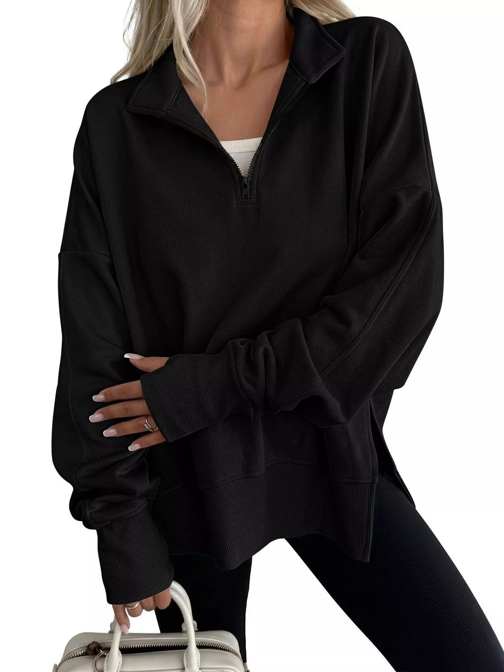 Quarter-Zip Dropped Shoulder Sweatshirt - TheMomCo.