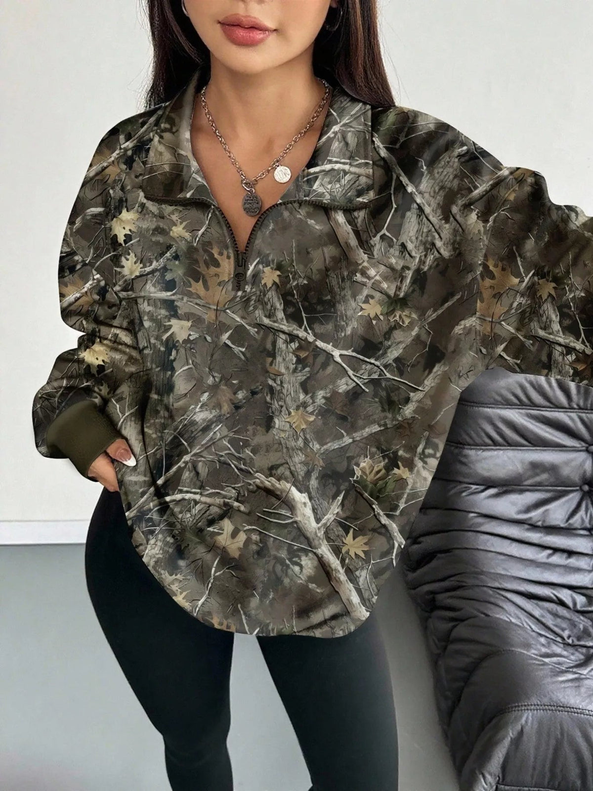Quarter-Zip Printed Sweatshirt with Ribbed Cuffs - TheMomCo.