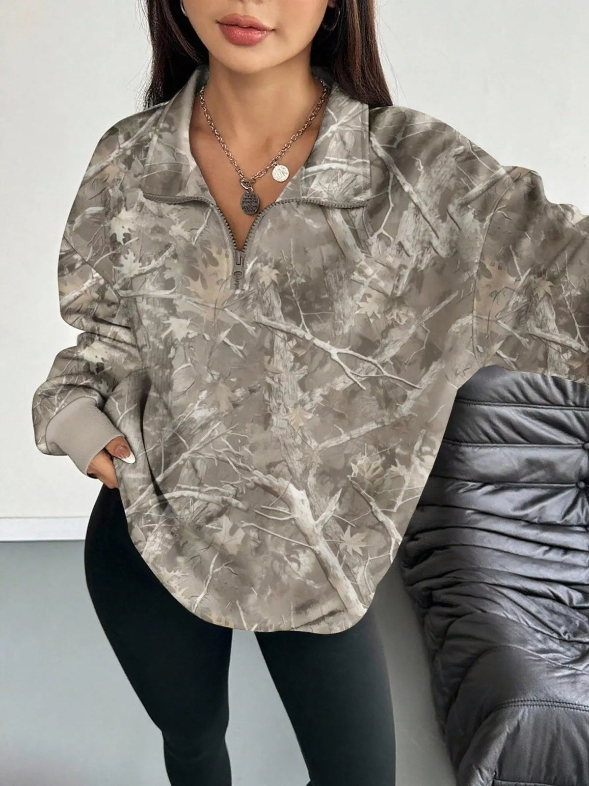 Quarter-Zip Printed Sweatshirt with Ribbed Cuffs - TheMomCo.