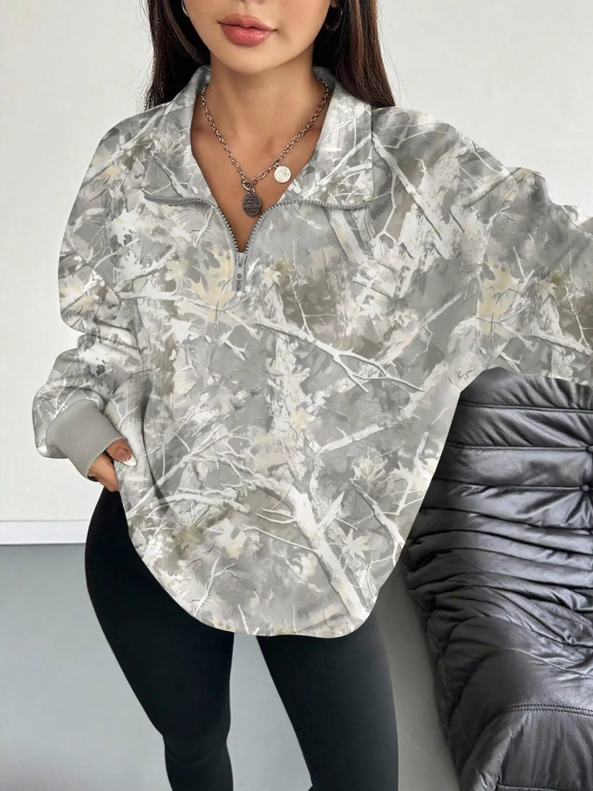 Quarter-Zip Printed Sweatshirt with Ribbed Cuffs - TheMomCo.