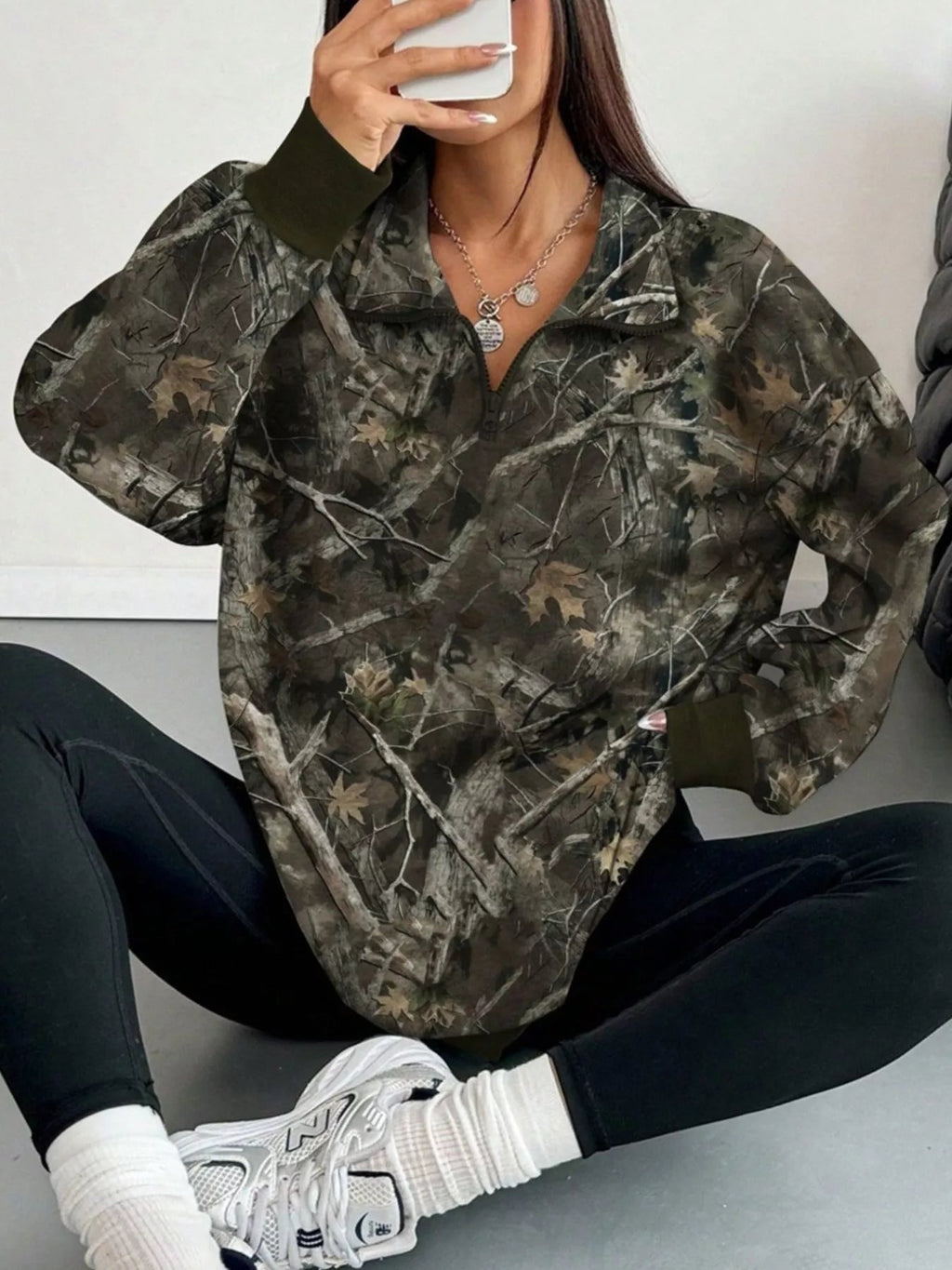 Quarter-Zip Printed Sweatshirt with Ribbed Cuffs - TheMomCo.