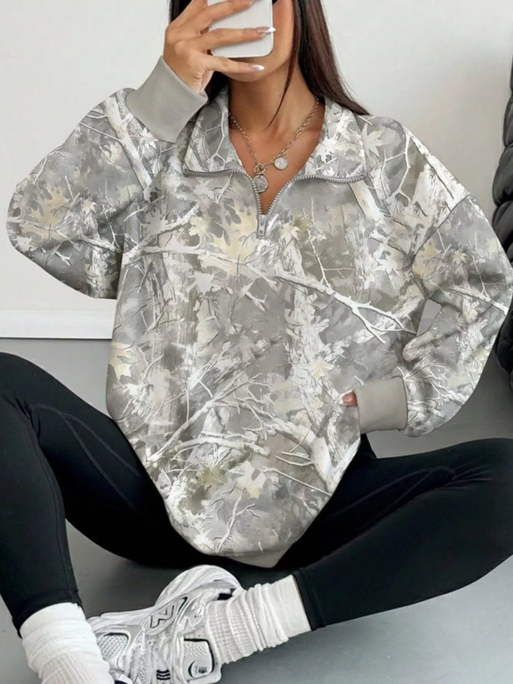 Quarter-Zip Printed Sweatshirt with Ribbed Cuffs - TheMomCo.