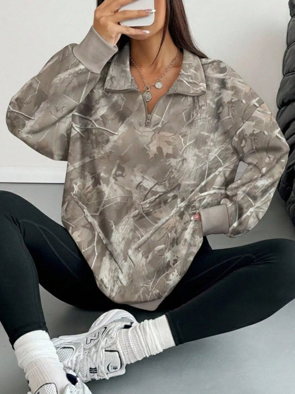 Quarter-Zip Printed Sweatshirt with Ribbed Cuffs - TheMomCo.