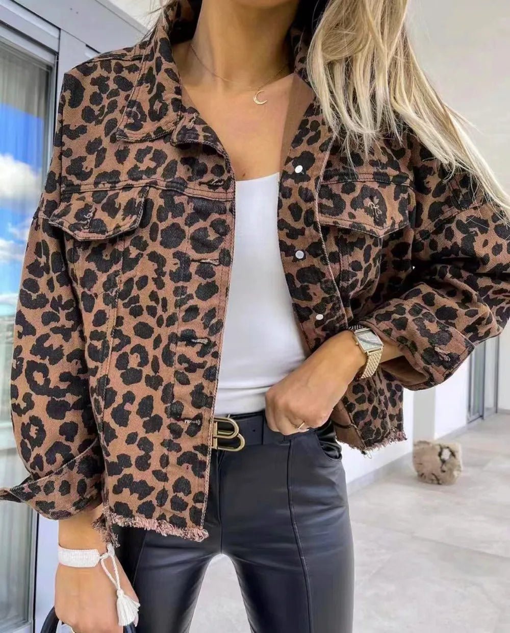 Raw Hem Leopard Collared Neck Denim Jacket - TheMomCo.