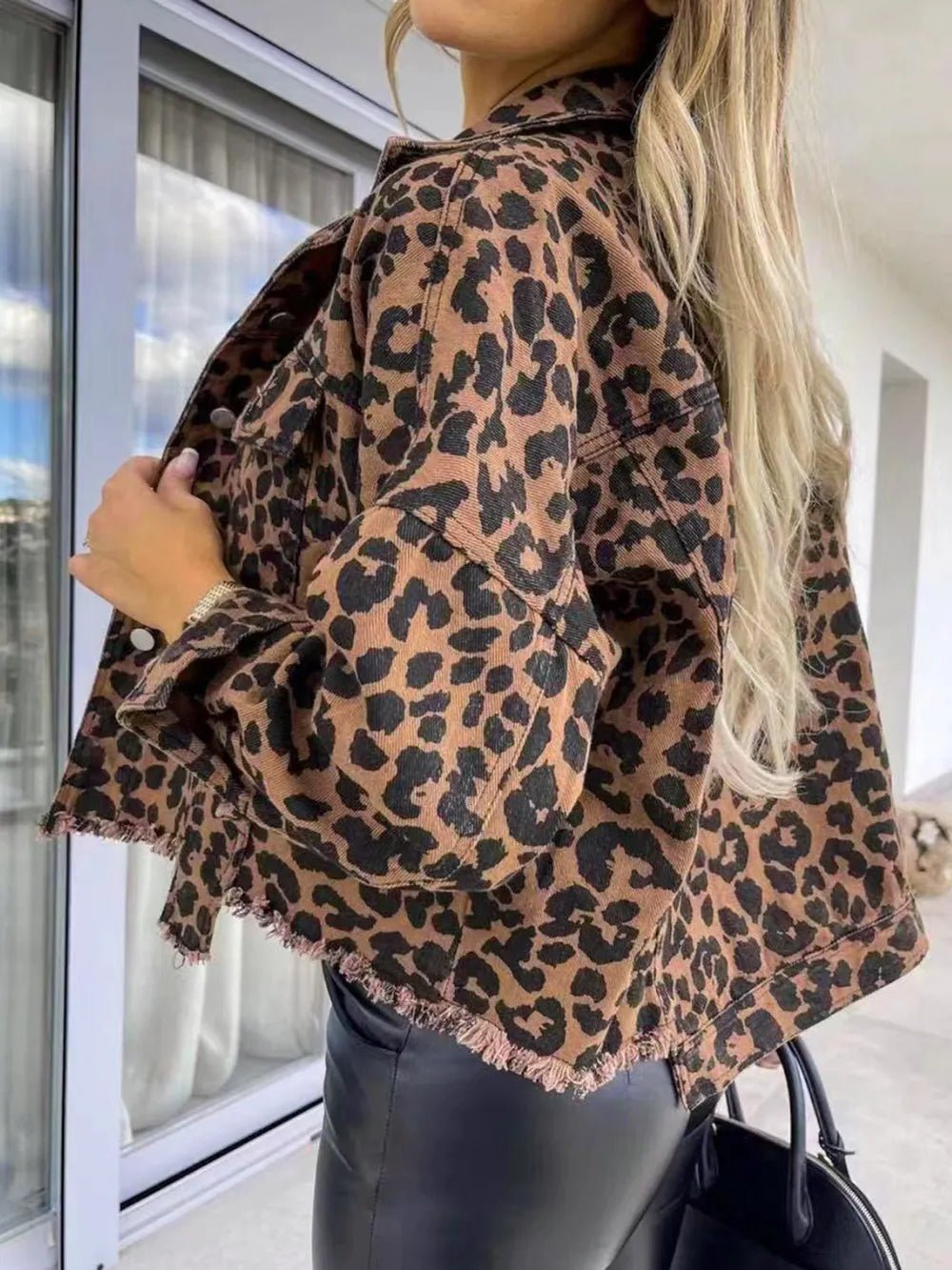 Raw Hem Leopard Collared Neck Denim Jacket - TheMomCo.