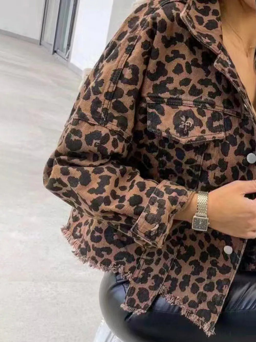 Raw Hem Leopard Collared Neck Denim Jacket - TheMomCo.